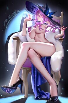 absurdres bow bracelet breasts chair crossed_legs hat hat_bow high_heels highres honkai:_star_rail honkai_(series) jade_(honkai:_star_rail) jewelry large_breasts long_hair looking_at_viewer nail_polish nipples nude pink_hair purple_eyes pussy pussy_peek ringeko-chan sitting sitting_on_object weapon whip whip_sword