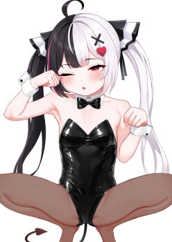 1girl ahoge armpits atg_(wttoo0202) black_bow black_bowtie black_hair black_leotard black_tail blush bow bowtie breasts brown_pantyhose demon_tail detached_collar hair_ornament hands_up heart heart_hair_ornament highres lacrimosa_(nte) leotard loli long_hair multicolored_hair neverness_to_everness one_eye_closed open_mouth pantyhose red_eyes revision simple_background small_breasts solo split-color_hair spread_legs squatting strapless strapless_leotard tail twintails two-tone_hair very_long_hair white_background white_hair white_wrist_cuffs wrist_cuffs x_hair_ornament