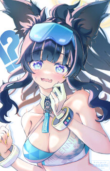 1girl animal_ears armband black_hair blue_archive blush breasts dog_ears gloves hibiki_(blue_archive) hibiki_(cheer_squad)_(blue_archive) highres looking_at_viewer medium_breasts midriff pom_pom_(cheerleading) sasami_(cho_ge_n_ki) solo twitter white_gloves