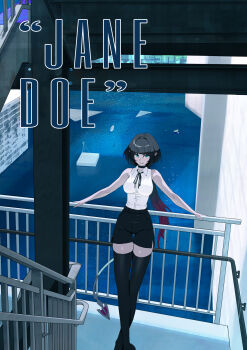 1girl absurdres animal_ears chainsaw_man character_name choker collared_shirt commentary cosplay crossover english_commentary high-waist_shorts highres jane_doe_(zenless_zone_zero) long_tail midfinger mouse_ears mouse_girl mouse_tail reze_(chainsaw_man) reze_(chainsaw_man)_(cosplay) sharp_tail shirt shorts sleeveless sleeveless_shirt solo tail white_shirt zenless_zone_zero