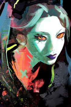 1girl aqua_hair artificial_eye black_headband closed_mouth colored_sclera colored_skin cyberpunk_(series) cyberpunk:_edgerunners cyborg headband headset highres kyezzzz looking_to_the_side mechanical_eye neck_tattoo portrait purple_lips rebecca_(cyberpunk) red_pupils red_sclera solo tattoo twintails white_skin yellow_eyes