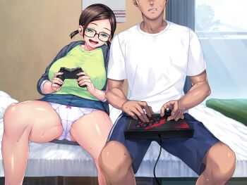 1boy 1girl akihara_shiho arcade_stick bed bed_sheet bedroom blue_shorts blue_skirt bow bow_panties breasts brown_hair cameltoe controller crew_neck curtains denim denim_skirt faceless faceless_male feet_out_of_frame forehead freckles game_controller glasses gluteal_fold green_eyes green_shirt grey_hoodie head_out_of_frame head_tilt holding holding_controller hood hood_down hoodie huge_breasts indoors joystick knees low_twintails narrowed_eyes on_bed open_clothes open_hoodie open_mouth panties parted_bangs pencil_skirt pillow playing_games playing_video_games playstation_controller sexfri_osananajimi shirt short_hair short_sleeves short_twintails shorts sidelocks sitting skirt sleeves_pushed_up smile spread_legs sumeragi_kohaku sweat thick_thighs thighs twintails underwear white_panties white_sheet white_shirt