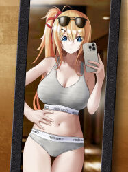 Rule 34 | 1girl, absurdres, ahoge, black gloves, blonde hair, blue eyes, bra, breasts, calvin klein, cellphone, cleavage, closed mouth, commentary, commission, english commentary, eyewear on head, fingerless gloves, girls&#039; frontline, gloves, grey bra, grey panties, hair ribbon, highres, holding, holding phone, kalina (girls&#039; frontline), long hair, looking at phone, mirror, navel, o o (ywsm2327), one side up, panties, phone, red ribbon, reflection, ribbon, selfie, smartphone, solo, sunglasses, underwear, underwear only
