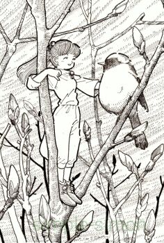Rule 34 | 1girl, ^ ^, artist name, baggy pants, bird, closed eyes, commentary request, dated, daurian redstart, facing animal, hair bobbles, hair ornament, hatching (texture), linear hatching, long hair, mini person, minigirl, on branch, open mouth, original, outdoors, pants, ponytail, shirt, shoes, smile, solo, traditional media, zpihr6jprso2r2l