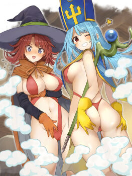 2girls :d ass black_hat black_sleeves blue_eyes blue_hair blue_tabard blush breasts brown_cape brown_eyes brown_gloves brown_hair cape cleavage commentary_request detached_sleeves dragon_quest dragon_quest_iii gloves grin hat highres large_breasts looking_at_viewer looking_back mage_(dq3) midriff mitre multiple_girls navel one-piece_swimsuit open_mouth priest_(dq3) red_one-piece_swimsuit revealing_swimsuit_(dq) short_hair sideboob smile staff swimsuit tabard tsgame witch_hat yellow_gloves