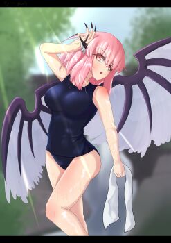 1girl absurdres animal_ears bird_ears bird_wings black_nails black_one-piece_swimsuit blurry blurry_background blush breasts commentary_request commission fingernails forest highres holding holding_towel large_breasts light_rays long_fingernails lorela_thirst medium_breasts mystia_lorelei nature one-piece_swimsuit open_mouth outdoors pink_hair school_swimsuit skeb_commission solo swimsuit touhou towel variant_set white_wings wings