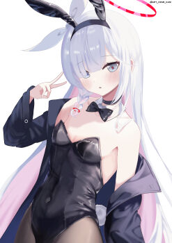 Rule 34 | 1girl, absurdres, alternate costume, animal ear hairband, animal ears, art crab, bare shoulders, black bow, black bowtie, black hairband, black jacket, black leotard, black pantyhose, blue archive, bow, bowtie, braid, colored inner hair, commentary, covered navel, detached collar, eyes visible through hair, fake animal ears, fake tail, flat chest, grey eyes, hair over one eye, hair ribbon, hairband, halo, highres, jacket, leotard, long hair, looking at viewer, multicolored hair, open clothes, open jacket, pantyhose, pink hair, plana (blue archive), playboy bunny, rabbit ear hairband, rabbit ears, rabbit tail, red halo, ribbon, single braid, solo, strapless, strapless leotard, tail, two-tone hair, v, white hair, white ribbon