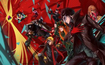 +_+ 5boys 5girls absurdres ahoge akechi_gorou amamiya_ren ammunition_belt animal_ears arm_on_knee arm_up arms_up ascot athletic_leotard bandolier belt biker_clothes bikesuit black_cat black_choker black_coat black_corset black_feathers black_footwear black_hair black_jacket black_legwear black_leotard black_mask black_scarf black_van black_vest blonde_hair blouse blue_bodysuit blue_eyes blue_gloves blue_hair blue_jacket blue_legwear blue_track_suit blunt_bangs bodysuit braid breasts brown_hair capelet cat cat_ears cat_tail cavalier_hat chain choker cleavage clipboard coat coattails collar collared_coat collared_jacket collared_shirt corset cropped_jacket crown_braid curly_hair dated dress_shirt elbow_gloves epaulettes fake_tail feathers fox_(persona_5) fox_mask fox_tail frilled_jacket frilled_sleeves frills from_behind from_side gem glasses gloves green_bodysuit green_gloves grey_mask grey_shirt hair_between_eyes hair_intakes hand_on_own_chest hand_up hat hat_feather head_tilt heart heart-shaped_gem high_collar high_ponytail highres hime_cut holding holding_clipboard holding_lead_pipe holding_mask holding_paintbrush holding_smoking_pipe holding_sword holding_weapon holding_whip jacket joker_(persona_5) jumping kitagawa_yuusuke knee_pads knee_up large_hat latex latex_bodysuit lead_pipe leg_up leotard long_hair long_scarf long_sleeves looking_at_viewer looking_to_the_side mask masquerade_mask midair morgana_(persona_5) motor_vehicle multicolored_background multiple_boys multiple_girls niijima_makoto noir_(persona_5) okumura_haru one_eye_closed open_mouth oracle_(persona_5) orange_hair outstretched_arm outstretched_arms paintbrush panther_(persona_5) pantyhose pantyhose_under_shorts parted_lips persona persona_5 persona_5_the_royal personification pink_gloves pink_shirt pointed_mask pointy_shoes ponytail puffy_shorts puffy_sleeves purple_gloves purple_headwear purple_shorts queen_(persona_5) rakaiki rapier reaching reaching_towards_viewer red_ascot red_bodysuit red_capelet red_eyes red_gloves red_hair red_mask red_tail sakamoto_ryuuji sakura_futaba scarf shirt shoes short_hair shorts shoulder_pads shoulder_spikes signature simple_background sitting skull skull_(persona_5) skull_mask smoking_pipe spiked_kneepads spikes spread_legs star_(symbol) swept_bangs sword tail takamaki_anne teeth tekko thighhighs track_suit treasure trench_coat tuxedo_de_cat twintails v_arms van vest violet_(persona_5) watermark weapon whip white_collar white_gloves white_mask white_tail yellow_gloves yellow_scarf yoshizawa_kasumi