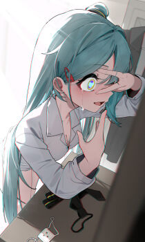 Rule 34 | 1girl, absurdres, aqua hair, breasts, chromatic aberration, cleavage, collarbone, commentary, contact lens, crying, crying with eyes open, desk, dressing, eyepatch, gaueaul, hair ornament, hairclip, hatsune miku, heart, heart-shaped pupils, highres, long hair, monitoring (vocaloid), necktie, no pants, open mouth, putting in contact lens, shirt, solo, symbol-shaped pupils, teardrop, tears, unworn eyepatch, unworn necktie, vocaloid, white shirt