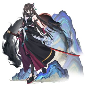 1girl alpha_transparency black_bodysuit black_gloves bodysuit braid breasts brown_hair closed_eyes commentary counter:side crown_braid english_commentary full_body gloves hair_between_eyes half_gloves half_updo halterneck highres holding holding_sword holding_weapon korean_clothes long_hair medium_breasts official_art platform_heels reverse_grip sash smile solo standing stirrup_legwear sword tassel toeless_legwear weapon yeonhwa_(counter:side)