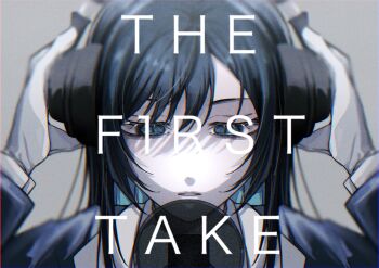 1girl ado_(utaite) black_hair blue_eyes blue_hair chando_(ado) chromatic_aberration colored_inner_hair commentary gloves hashtag-only_commentary headphones highres long_hair mole mole_under_eye multicolored_hair open_mouth oyashirazu_(adochan_daisuki) pop_filter solo the_first_take white_gloves