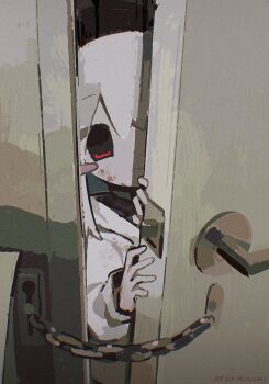 1girl black_sweater blood blood_on_face blush_stickers chain closed_mouth commentary door fox_kikumi hashtag-only_commentary highres hood hood_down hoodie latch long_hair long_sleeves looking_at_viewer original red_eyes second-party_source smile solo sweater symbol-only_commentary turtleneck turtleneck_sweater twitter_username upper_body white_hair white_hoodie