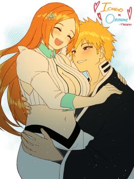 Rule 34 | 1boy, 1girl, artist name, bleach, blonde hair, blush, breasts, character name, cleavage, closed eyes, commentary, couple, cowboy shot, crop top, english commentary, hair ornament, hairclip, hetero, highres, inoue orihime, kurosaki ichigo, large breasts, long hair, looking at another, midriff, navel, open mouth, orange hair, parted lips, puffy sleeves, short hair, skirt, smile, spiked hair, tasikyu, upper body, white skirt