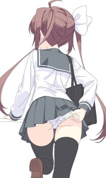 Rule 34 | 1girl, adjusting clothes, adjusting panties, ass, bad id, bad twitter id, bag, black thighhighs, brown hair, facing away, female focus, grey shirt, highres, legs, len 0428, long hair, momochi tamate, panties, school bag, school uniform, serafuku, shirt, shoes, skirt, slow start, solo, thighhighs, thighs, twintails, underwear, white panties, white shirt