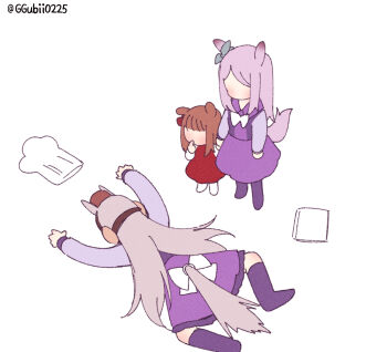 3girls aged_down animal_ears blunt_bangs bow brown_hair commentary_request dual_persona ear_bow ggubii0225 gold_ship_(umamusume) grey_hair horse_ears horse_girl horse_tail korean_commentary long_hair long_sleeves mejiro_mcqueen_(umamusume) multiple_girls open_mouth pillbox_hat purple_hair school_uniform tail tracen_school_uniform twitter_username umamusume