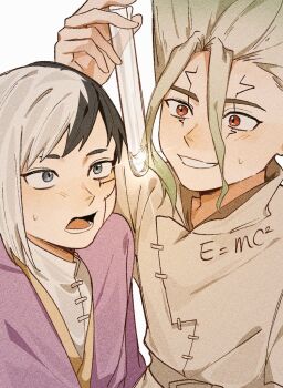 0a_9_(pixiv82791714) 2boys asagiri_gen asymmetrical_hair black_hair cracked_skin dr._stone green_hair grey_eyes grin hair_between_eyes holding holding_test_tube ishigami_senkuu jacket male_focus multicolored_hair multiple_boys open_mouth red_eyes short_hair smile spiked_hair split-color_hair sweatdrop teeth test_tube two-tone_hair upper_body vial white_background white_hair