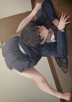 1girl arm_rest barefoot black_hair black_jacket black_mask blazer bow bowtie brown_eyes choker closed_mouth collared_shirt commentary_request ear_piercing hair_between_eyes highres indoors jack-o'_challenge jacket konata_(kankin_jk) legs_apart long_hair looking_at_viewer mishiranu_joshikousei_ni_kankin_sareta_mangaka_no_hanashi nail_polish photo_background piercing purple_nails ryouma_(galley) school_uniform shirt sideways solo striped_bow striped_bowtie striped_clothes toenail_polish toenails top-down_bottom-up wooden_floor
