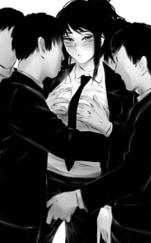 Rule 34 | 1girl, 3boys, after kiss, blush, chainsaw man, faceless, faceless male, formal clothes, grabbing another's breast, greyscale, groping, highres, long hair, looking at viewer, monochrome, multiple boys, necktie, nose blush, pants, saliva, saliva trail, scar, scar on face, shirt, shpo, standing, suit, tendou michiko