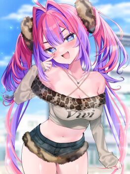 1girl ahoge animal_print bare_shoulders blue_eyes blue_shorts blue_sky blush breasts brown_scrunchie brown_shirt buta_tamako cleavage cloud cloudy_sky collarbone criss-cross_halter day fang fingernails fur-trimmed_shorts fur_trim hair_intakes hair_ornament hair_scrunchie halterneck highres hololive hololive_dev_is jewelry kikirara_vivi leopard_print long_hair long_sleeves looking_at_viewer nail_polish navel necklace off-shoulder_shirt off_shoulder open_mouth pink_hair pink_nails scrunchie shirt shorts sky smile solo stomach teeth thighs twintails upper_teeth_only virtual_youtuber