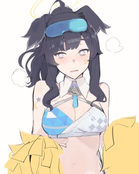 1girl ahoge animal_ears bare_shoulders black_hair blue_archive blue_eyes blunt_bangs blush breasts bright_pupils cheerleader cleavage detached_collar diamond-shaped_pupils diamond_(shape) dog_ears dog_girl floppy_ears frown goggles goggles_on_head halo hibiki_(blue_archive) hibiki_(cheer_squad)_(blue_archive) highres holding holding_pom_poms long_hair long_sidelocks looking_at_viewer medium_breasts millennium_cheerleader_outfit_(blue_archive) navel official_alternate_costume official_alternate_hairstyle open_mouth pom_pom_(cheerleading) pom_poms ponytail sidelocks skirt solo star_(symbol) star_sticker steam sticker sticker_on_face symbol-shaped_pupils tail upper_body wavy_mouth white_pupils yamanonba