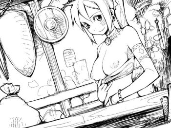 1girl armband atlus bandeau bandeau_pull bikini bikini_pull bracelet breasts choker clothes_pull earrings etrian_odyssey exhibitionism facial_mark female_focus greyscale hoop_earrings jewelry large_breasts monochrome necklace nipples ponytail public_indecency puffy_nipples pulling_own_clothes sack shield shilleka sketch smile solo strapless swimsuit top_pull tube_top yurikawa