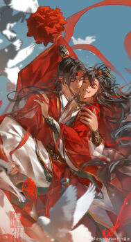 2boys absurdres alternate_costume arm_up bird black_hair black_sash blue_sky bouquet carrying chinese_clothes chinese_commentary chinese_wedding closed_eyes closed_mouth commentary_request couple day eyelashes floating_hair flower grin hair_ribbon hand_on_another's_shoulder hanfu headband highres holding holding_bouquet hug husband_and_husband lan_wangji long_hair long_sleeves male_focus modao_zushi multiple_boys ponytail princess_carry red_flower red_hanfu red_headband red_ribbon ribbon robe sash seal_impression sidelocks sky smile topknot upper_body warmwater watermark wei_wuxian weibo_watermark white_bird wide_sleeves xiao_guan_(headdress) yaoi