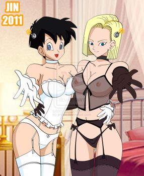 2girls android_18 babydoll bed bedroom black_gloves black_hair black_panties black_thighhighs blonde_hair bra breasts capsule_corp choker cleavage cowboy_shot dragon_ball dragonball_z elbow_gloves facing_viewer garter_belt garter_straps gloves hypnosis indoors jimryu large_breasts lingerie looking_at_viewer mind_control mind_control_device multiple_girls nipples panties see-through_clothes short_hair standing tagme tech_control thighhighs underwear unusual_pupils videl watermark white_gloves white_panties white_thighhighs