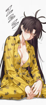 1girl absurdres animal_print blush breasts brown_hair cat_print cleavage closed_eyes fate/hollow_ataraxia fate_(series) highres kamisato_sora long_hair long_sleeves medium_breasts pajamas pants parted_bangs shirt sitting sleeping solo tohsaka_rin yellow_pants yellow_shirt zzz