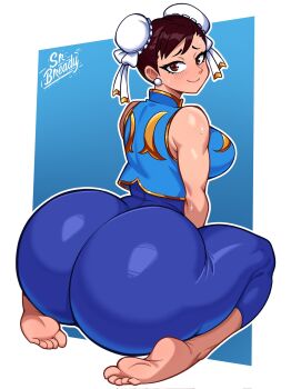 Rule 34 | 1girl, alternate costume, artist name, ass, ass focus, bare shoulders, barefoot, blue bodysuit, blue vest, blush, bodysuit, breasts, brown eyes, brown hair, capcom, chun-li, curvy, earrings, feet, full body, gold trim, hair bun, highres, huge ass, jewelry, large breasts, looking at viewer, looking back, muscular, muscular female, pants, simple background, solo, srbready, street fighter, street fighter alpha, sweat, vest, wide hips, yoga pants