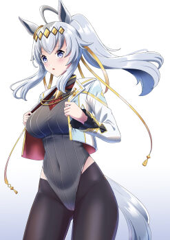 1girl absurdres ahoge animal_ears blue_eyes blush breasts brooch clothing_cutout commentary covered_navel cropped_jacket ear_ornament english_commentary grey_hair grey_leotard grey_tail hair_between_eyes hair_ornament hair_ribbon hairband highres hip_vent horse_ears horse_girl horse_tail jacket jewelry large_breasts leotard long_hair long_sleeves multicolored_hair neckerchief official_alternate_costume oguri_cap_(cinderella_gray)_(umamusume) oguri_cap_(umamusume) pantyhose parted_lips ponytail red_neckerchief ribbon solo star_brooch sudhiro_sappurisa tail umamusume umamusume:_cinderella_gray white_jacket