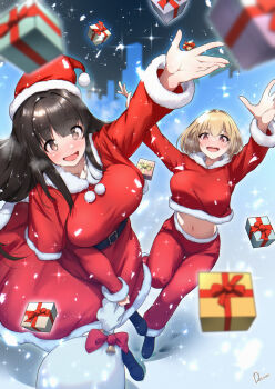 Rule 34 | 2girls, :d, bag, belt, black hair, blonde hair, blush, breasts, brown hair, christmas present, commentary request, commission, dermar, dress, gift, hat, highres, large breasts, long hair, midriff, multiple girls, navel, open mouth, original, outstretched arms, pants, purple eyes, red dress, red pants, red shirt, santa costume, santa hat, shirt, sidelocks, signature, skeb commission, smile, snow, winter
