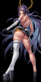 1girl absurdres ass asymmetrical_gloves back black_background black_collar black_dress black_footwear black_gloves blue_eyes blunt_bangs collar detached_sleeves dress elbow_gloves fur-trimmed_collar fur_trim gloves gradient_hair half_gloves highres hololive hololive_english long_hair looking_at_viewer looking_back multicolored_hair ninomae_ina'nis ninomae_ina'nis_(1st_costume) orange_hair platform_clogs platform_footwear platform_sandals pointy_ears purple_hair sandals short_dress sidelocks single_detached_sleeve single_elbow_glove single_thighhigh skylock solo teeth tentacle_hair tentacles thighhighs uneven_gloves virtual_youtuber white_thighhighs