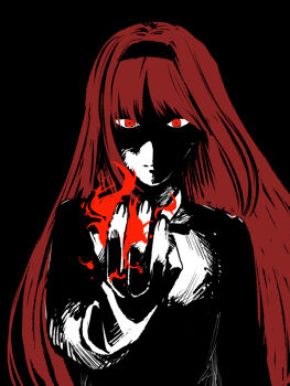 1girl black_background black_hairband collared_shirt expressionless face_in_shadow hairband in_shoe long_hair long_sleeves magic metarogu partially_colored portrait red_eyes red_hair shirt solo spell tohno_akiha toono_akiha tsukihime vermillion_akiha very_long_hair white_shirt