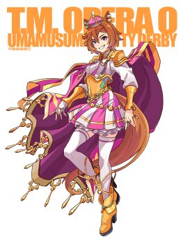 1girl absurdres animal_ears artist_name brown_hair cape character_name chinese_commentary crown full_body highres horse_ears horse_girl horse_tail jewelry li_li_li_li_jun pink_skirt purple_cape purple_eyes ring shirt skirt solo striped_clothes striped_skirt t.m._opera_o_(o_sole_suo!)_(umamusume) t.m._opera_o_(umamusume) tail thighhighs umamusume white_background white_shirt white_thighhighs