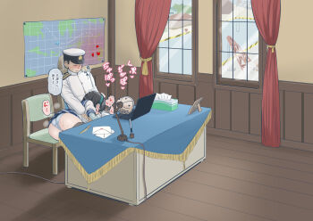 1boy 1girl admiral_(kancolle) ass black_hair blue_skirt chair computer crane_(machine) desk fellatio green_hairband hairband hat hetero indoors kantai_collection laptop long_hair long_sleeves map military military_uniform mimofu_(fullhighkick) miniskirt naval_uniform ooyodo_(kancolle) oral peaked_cap pleated_skirt school_uniform serafuku skirt speech_bubble thighhighs tissue_box translation_request window wooden_floor