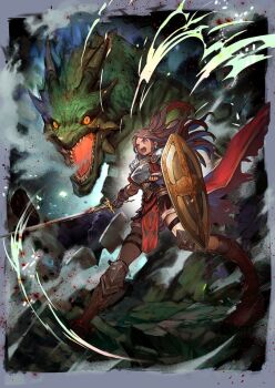 Rule 34 | 1girl, armor, belt, black eyes, boots, border, breath, brown boots, brown corset, brown gloves, brown hair, cape, chest guard, colored sclera, commentary request, corset, dragon, dragon lady half, earrings, fantasy, fingerless gloves, gloves, grey border, holding, holding shield, holding sword, holding weapon, jewelry, long hair, multiple thigh straps, narita imomushi, official art, open mouth, orange sclera, pelvic curtain, pink eyes, red cape, rock, sharp teeth, shield, shoulder armor, slit pupils, standing, sword, teeth, thigh belt, thigh strap, tongue, weapon