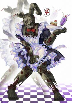 1boy alternate_costume anger_vein animal_ears animatronic apron back_bow black_dress bow bowtie cake checkered_floor colored_sclera commentary crossdressing crossdressing_(mtf) dated dress enmaided eva0951120 five_nights_at_freddy's five_nights_at_freddy's_3 food frilled_apron frilled_dress frills full_body grey_sclera hand_up hashtag-only_commentary highres holding holding_plate looking_at_viewer maid maid_apron male_focus mechabare milkshake plate rabbit_ears red_bow red_bowtie red_pupils skirt skirt_tug solo spoken_anger_vein springtrap standing strawberry_cake teeth white_apron white_background white_bow white_eyes zoom_layer