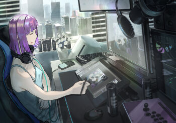 1girl 1other arcade_stick breasts building cable camisole can cellphone chair cityscape closed_eyes commentary_request computer computer_tower controller drawing drawing_tablet drink_can game_controller headphones headphones_around_neck highres indoors joystick computer_keyboard medium_hair meta microphone monitor computer_mouse office_chair original phone recursion robot room science_fiction sideways_mouth sigh sitting skyscraper small_breasts smartphone soda_can solo_focus sora-bakabon straight_hair stylus swivel_chair tablet_pc wacom