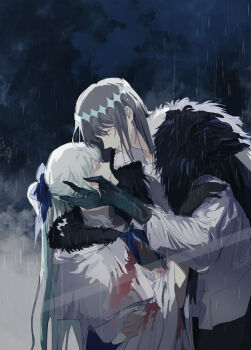 1boy 1girl absurdres aesc_(fate) aesc_(savior)_(fate) black_gloves black_hair blood blue_eyes bow closed_eyes cloud commentary_request fate/grand_order fate_(series) fur_trim gloves hair_between_eyes hair_bow highres hina26_xd long_hair morgan_le_fay_(fate) oberon_(fate) oberon_(third_ascension)_(fate) ponytail rain short_hair very_long_hair white_hair
