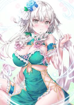 1girl blue_flower blue_rose blunt_bangs breasts china_dress chinese_clothes cleavage cleavage_cutout closed_mouth clothing_cutout commentary_request dress flower gradient_hair green_dress grey_eyes grey_hair hair_ribbon hait_(hait_sid634h7) highres kyariko large_breasts long_hair looking_at_viewer mole mole_under_eye multicolored_hair original pelvic_curtain pink_hair ribbon rose sidelocks simple_background smile solo two-tone_hair white_background