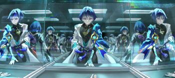 Rule 34 | 3boys, anemo symbol (genshin impact), arm behind back, armor, belt, black belt, black bow, black bridal gauntlets, black kimono, black shorts, black sleeves, blue cape, blue gem, blue hair, blue kimono, blue sleeves, blunt ends, bow, bridal gauntlets, bright pupils, cape, ceiling light, closed mouth, clothing cutout, covered collarbone, different reflection, expressionless, eyeliner, facing another, facing down, feathers, furisode, gem, genshin impact, glitch, gold, gold ring, hair intakes, head down, highres, indoors, japanese armor, japanese clothes, jewelry, juban, kariginu, kimono, kote, kurokote, layered sleeves, light frown, looking at another, looking at mirror, looking at viewer, lutheboy, makeup, middle ring, mirror, mitsudomoe (shape), multiple boys, multiple persona, multiple reflections, neck ring, o-ring, open clothes, open kimono, pom pom (clothes), purple bag, purple rope, purple sash, purple sleeves, red eyeliner, red kimono, red sash, reflection, rope, sash, scaramouche (genshin impact), scaramouche (kabukimono) (genshin impact), shimenawa, short sleeves, shorts, shoulder cutout, single off shoulder, single sode, split mouth, tassel, tomoe (symbol), tsurime, vision (genshin impact), wanderer (genshin impact), white kimono, white pupils, white rope, white sleeves, white trim, yellow feathers