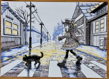 1girl abbey_road absurdres animal bare_tree black_boots black_cat black_dress black_hair black_hat black_pantyhose boots bow building cat closed_mouth commentary_request crosswalk dated_commentary dress from_side full_body hat hat_bow hatching_(texture) highres long_hair long_sleeves original outdoors pantyhose photo_(medium) power_lines profile road smile solo street the_beatles traditional_media tree urban utility_pole vanishing_point walking yellow_bow yousonn