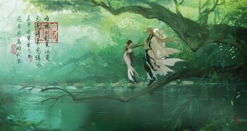 &gt;_&lt; 1boy 1girl :d absurdres arms_behind_back black_boots black_pants black_sash blonde_hair boots brown_hair china_dress chinese_clothes chinese_commentary chinese_text coffin day dress facing_another forest full_body grass hair_between_eyes hair_ribbon hanfu highres honkai_(series) honkai_impact_3rd li_sushang long_hair long_sleeves low_twintails nature open_mouth otto_apocalypse outdoors pants ribbon robe sash seal_impression smile ste7619 stepping_stones sweatdrop tree twintails very_long_hair waist_sash walking water white_dress white_hanfu white_robe wide_sleeves yellow_ribbon