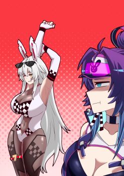 2girls animal_ears binsake6969 blue_hair breasts cleavage closed_mouth eyewear_on_head fake_animal_ears highres large_breasts leotard long_hair medium_breasts melody_(projektmelody) melody_(projektmelody)_(race_queen) multiple_girls purple_hair rabbit_ears stretching sunglasses very_long_hair virtual_youtuber vshojo white_hair white_leotard zentreya zentreya_(cyborg) zentreya_(cyborg)_(race_queen) zentreya_(dragon)