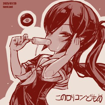 1girl adjusting_hair backbeako_(torotei) backbeard blush breasts commentary dated dated_commentary dripping dutch_angle food food_in_mouth gegege_no_kitarou hair_over_one_eye half-closed_eye kono_lolicon_domome long_hair looking_at_viewer monochrome neckerchief one_eye_closed original paid_reward_available pointy_ears popsicle popsicle_in_mouth red_background red_theme sailor_collar sailor_shirt sexually_suggestive shirt simple_background small_breasts solo torotei translated twintails upper_body watermark web_address