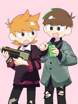 Rule 34 | 2boys, :d, :o, alternate costume, antenna hair, black choker, black pants, black shirt, black sweater, blush, brown hair, buttons, can, chain, chain necklace, choker, commentary request, cowboy shot, dog tags, drink can, e-kid fashion, edd (eddsworld), eddsworld, fashion, flipped hair, green shirt, gun, hair behind ear, hair ears, highres, holding, holding can, holding gun, holding weapon, jewelry, jitome, layered sleeves, long sleeves, looking at another, male focus, multiple boys, necklace, open mouth, orange hair, pants, pink background, pokecolo twin, red eyes, roshii (ionlw0gynh24926), shirt, short hair, simple background, smile, standing, striped sleeves, sweatdrop, sweater, swept bangs, textless version, tord (eddsworld), torn clothes, torn pants, turtleneck, turtleneck sweater, variant set, weapon