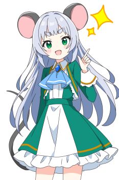 1girl :d animal_ears ascot blue_ascot blush commentary_request cowboy_shot dot_nose dress frilled_dress frills green_dress green_eyes grey_hair hand_up highres index_finger_raised kotatsu-mazoku long_hair long_sleeves looking_at_viewer mouse_ears mouse_girl mouse_tail open_mouth original simple_background smile solo sparkle tail thick_eyebrows white_background