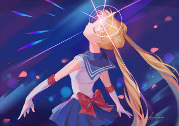 1girl back_bow bishoujo_senshi_sailor_moon blonde_hair blue_background blue_sailor_collar blue_skirt bow closed_eyes commentary dated_commentary double_bun earrings elbow_gloves english_commentary facing_up gloves hair_bun jewelry koichame long_hair magical_girl meme red_bow sailor_collar sailor_moon sailor_moon_redraw_challenge_(meme) sailor_senshi sailor_senshi_uniform scene_reference signature skirt tsukino_usagi twintails white_gloves