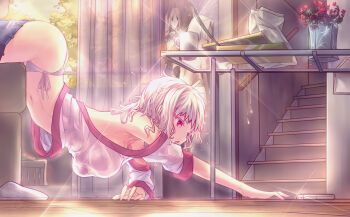 1girl arched_back artoria_pendragon_(fate) ass bare_shoulders breasts cellphone clothes_pull controller denim diffraction_spikes fate/kaleid_liner_prisma_illya fate_(series) female_focus flower flying_sweatdrops glint hanging_breasts highres hourai_no_hangentsuki indoors irisviel_von_einzbern jeans large_breasts leysritt_(fate) messy_hair navel no_bra open_mouth panties pants pants_pull phone poster_(object) reaching red_eyes remote_control saber_(fate) side-tie_panties slippers solo sparkle stairs stomach sweatdrop top-down_bottom-up underwear white_hair white_panties