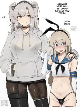 1boy 1futa alterkyon alternate_skin_color animal_ears bare_shoulders black_choker black_hairband black_panties blush breasts brown_hair bulge choker closed_mouth cropped_shirt dominant_futanari drawstring elbow_gloves english_text erection erection_under_clothes fake_animal_ears fake_bunny_ears futa_with_male futanari garter_straps gloves grey_eyes grey_hair grey_hoodie hairband hand_on_another's_shoulder hand_up highres hood hoodie imminent_rape kantai_collection large_breasts large_penis long_hair long_sleeves miniskirt musashi_(kancolle) navel open_mouth panties pantyhose penis penis_in_pantyhose penis_size_difference shimakaze-kun shimakaze_(kancolle) shirt size_difference skirt sleeveless sleeveless_shirt small_penis smile stomach trap twintails underwear veins veiny_penis waving white_background white_gloves white_shirt